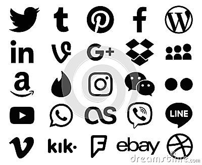 Collection of popular black logo signs of social media icons Editorial Stock Photo