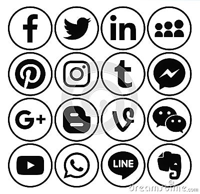 Collection of popular black round social media icons Editorial Stock Photo