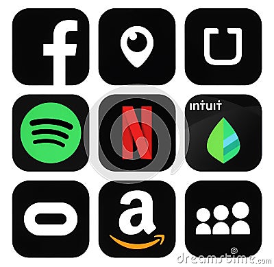 Collection of popular black social media, business logo icons Editorial Stock Photo