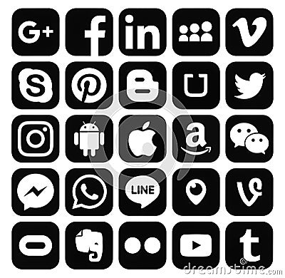 Collection of popular black social media icons Editorial Stock Photo