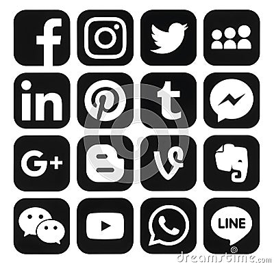 Collection of popular black social media icons printed on paper Editorial Stock Photo