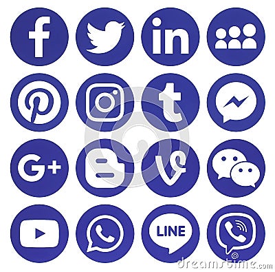 Collection of popular blue round social media icons Editorial Stock Photo