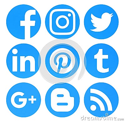 Collection of popular circle blue social media logos printed on Editorial Stock Photo