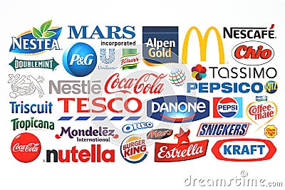 Collection of popular food logos companies printed on paper Editorial Stock Photo