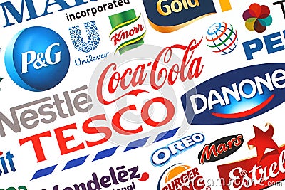 Collection of popular food logos companies printed on paper Editorial Stock Photo