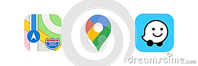 Collection of popular gps app: Apple maps, google maps, waze. Neumorphism style. Realistic set. Editorial vector illustration. Cartoon Illustration
