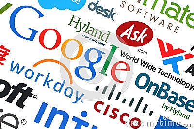 Collection of popular internet companies printed on paper Editorial Stock Photo