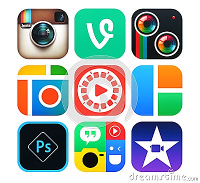 Collection of popular photo and video icons printed on paper Editorial Stock Photo