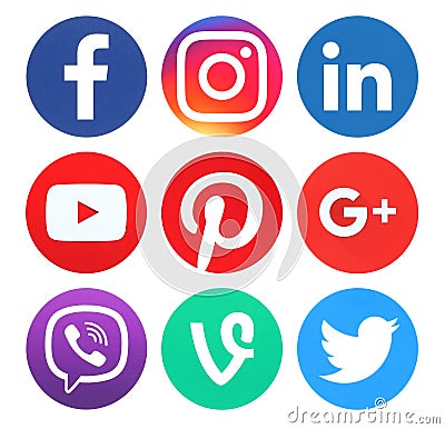 Collection of popular round social media logos Editorial Stock Photo