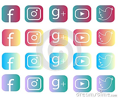 Collection of popular round social media logos printed on paper:Facebook, Twitter, Google Plus, Instagram, and Youtube Vector Illustration