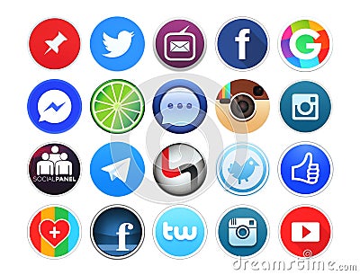 Collection of popular round social networking, photo and video icons Editorial Stock Photo