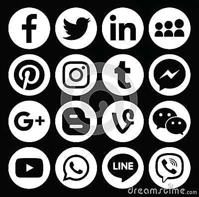 Collection of popular round white social media icons Editorial Stock Photo