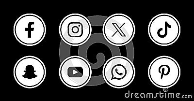 Collection of popular small black round social media icons Editorial Stock Photo