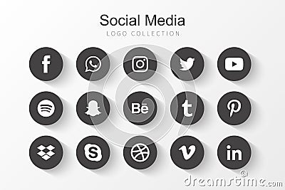 Collection of popular social media icons Facebook Twitter Instagram LinkedIn Pinterest Youtube WhatsApp Snapchat Messenger Vector Illustration