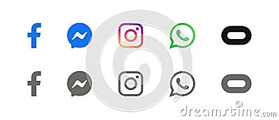 Collection of popular social media logo: Facebook, intagram, messenger, whatsap, oculus. Social media icons. Realistic set. Cartoon Illustration