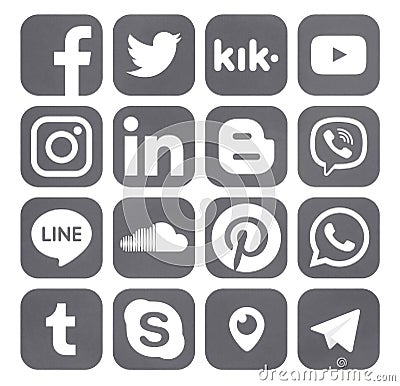 Collection of popular social media rounded gray icons Editorial Stock Photo