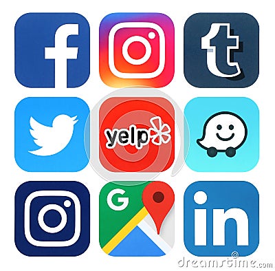 Collection of popular social media, travel and navigation logos Editorial Stock Photo