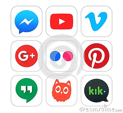 Collection of popular social networking and video logo signs Editorial Stock Photo