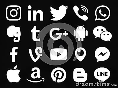 Collection of popular white social media icons Editorial Stock Photo