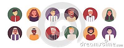 Collection of portraits of happy male and female office workers or employees. Bundle of smiling people or clerks from Vector Illustration