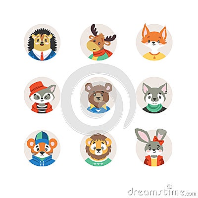 Collection of portraits of wild animals in clothes in round frames Vector Illustration