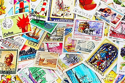 Collection of Postal Stamps Editorial Stock Photo