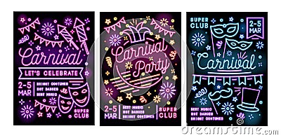 Collection of poster, flyer or invitation templates for masquerade ball, carnival or party with festive masks and Vector Illustration