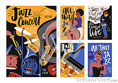 Collection of poster, placard and flyer templates for jazz music festival, concert, event with musical instruments Vector Illustration