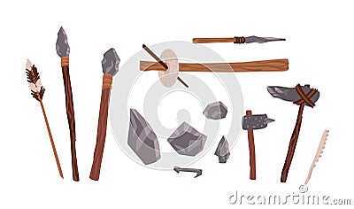 Collection of prehistoric stone tools. Bundle of rock weapons and equipment used by archaic human or caveman for hunting Vector Illustration