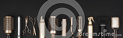 Collection of professional hair dresser tools arranged on dark background Stock Photo