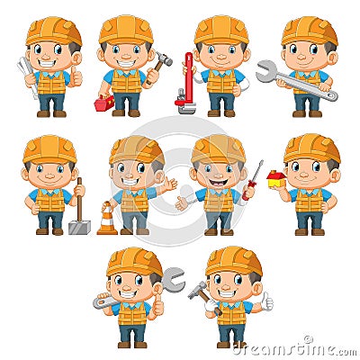 The collection of the professional technician holding the different tools Vector Illustration