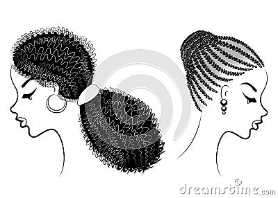 Collection. Profile of a head of sweet ladies. African American girls show hairstyles for long and medium hair. Silhouettes of Cartoon Illustration