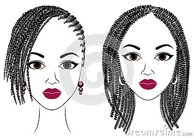 Collection. Profile of a head of sweet ladies. African American girls show hairstyles for long and medium hair. Silhouettes of Cartoon Illustration
