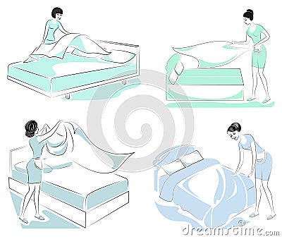 Collection. Profile of a sweet lady. The girl is making the bed in the room. A woman is a good wife and a neat housewife. Vector Cartoon Illustration