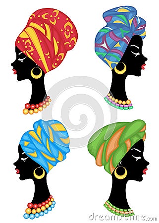 Collection. Profile of a sweet lady. On the head of an African-American girl is a knitted shawl, a turban. The woman is beautiful Cartoon Illustration