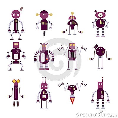 Collection of purple robot icons Vector Illustration