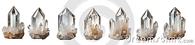 Collection of quartz crystals isolated on transparent background. Stock Photo
