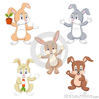 The collection of the rabbits in the different color and possing Vector Illustration