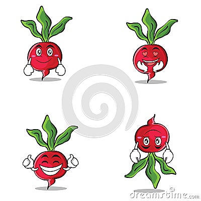 Collection of radish character cartoon style set Vector Illustration