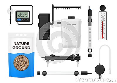 Collection realistic aquarium equipment vector illustration thermometers, air pump, pipes, fish food Vector Illustration