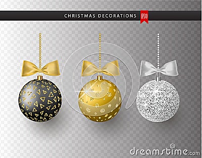 Collection of realistic beautiful shiny Christmas balls with bow on transparent background. New Year decoration Vector Illustration