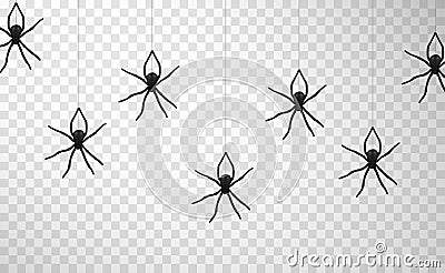 Collection realistic black spiders vertical hanging on web vector dangerous creepy insects Vector Illustration