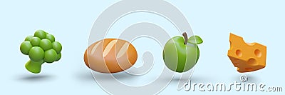 Collection with realistic broccoli, round orange loaf, green tasty apple and slice of cheese Vector Illustration