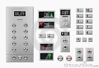 Collection realistic elevator buttons, control panel and display with numbers vector illustration Vector Illustration