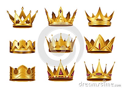 Collection of realistic golden crowns. Crowning headdress for king or queen. Royal noble aristocrat monarchy symbols Vector Illustration