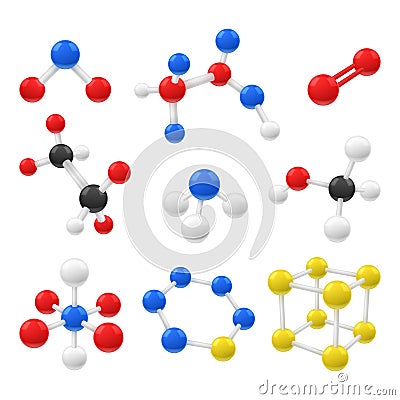 Collection realistic molecules and atoms different shape vector chemistry biology connection Vector Illustration