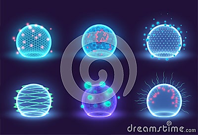 Collection realistic neon glowing bubble shields vector illustration energy shield protective cover Vector Illustration