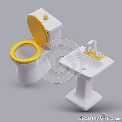 Collection with realistic wash basin and ceramic toilet bowl on gray background Vector Illustration