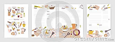 Collection of recipe card or sheet templates for making notes about meal preparation and cooking ingredients. Empty Vector Illustration