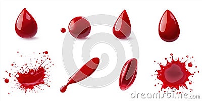 Collection of 8 red blood droplets scattered on gray background. Red drops vary in size, position, creating random, dynamic Stock Photo